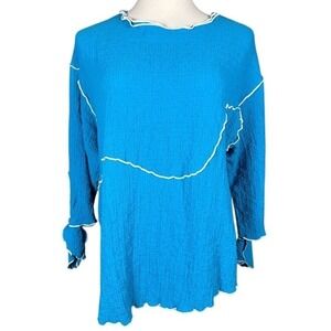 IC Collection Womens Blue Popcorn Texture Lettuce Edge Top O-Ring Zip Large USA